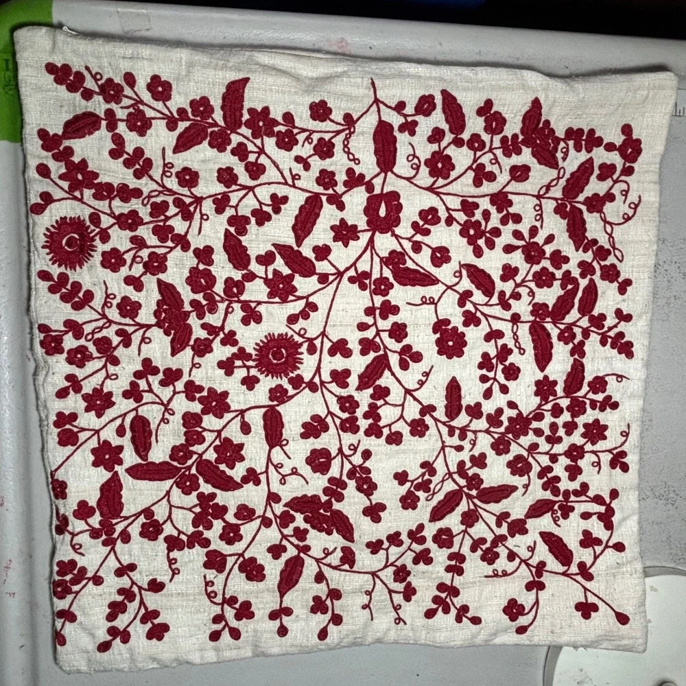 Pillow Cover Cream Red Pottery Barn Floral Embroidered Silk Cotton 18x18 Square